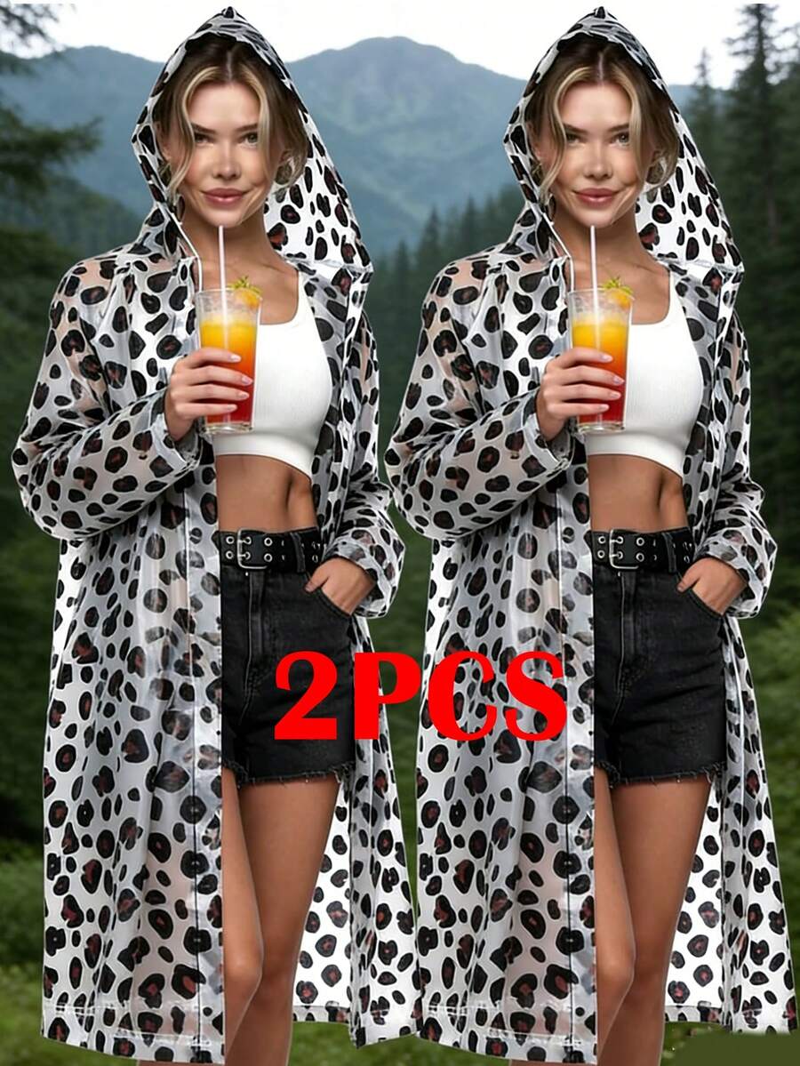1/2 piezas Impermeable de estampado de leopardo de EVA - a prueba de viento y agua, adecuado para viajes, ciclismo, senderismo, chaqueta gruesa de Body completo - portátil con botones - Impermeable de mujer - Ver 1
