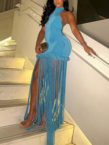 DOUCIU Blue Tassel Twist Knot Backless Bodycon Dress, Suitable For Party, Birthday Events - Blue - View 2