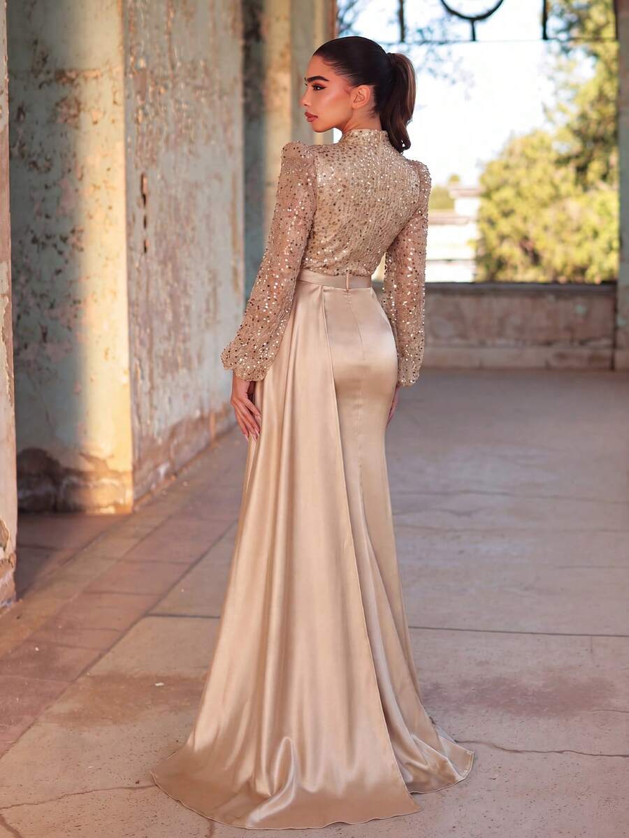Elegant High Neck Long Sleeve Evening Gown, Featuring Faux Pearl Embellishments And Satin Contrast Design Fall Wedding Party