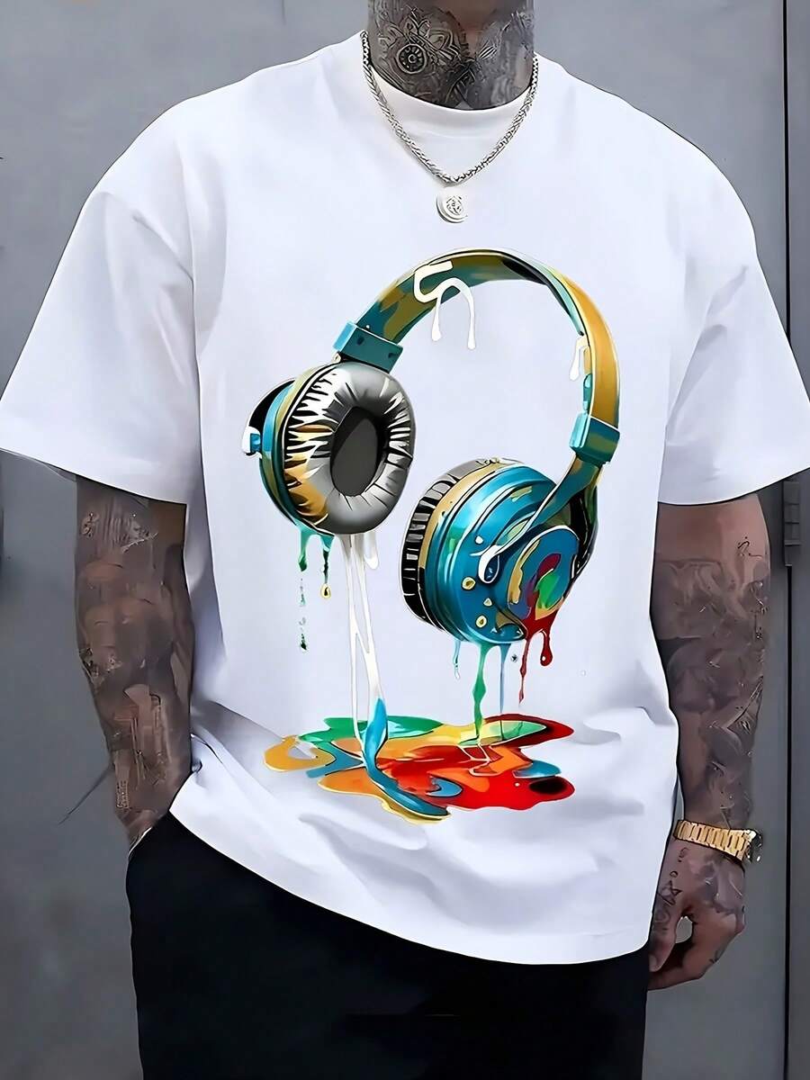 Camiseta Gráfica de Moda Urbana para Hombre| Camiseta de Verano Casual Holgada con Estampado Vibrante de Auriculares y Salpicaduras de Pintura, Tela Transpirable, Lavable a Máquina, Ropa Casual - Blanco - Ver 1