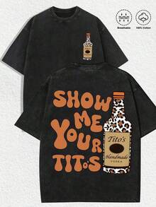 1 PCS Small Tito's Vodka Bottle Graphic (Leopard - Print), Back  SHOW ME YOUR TITOS  Lettering (Retro - Style Font) & Large Tito's Vodka Bottle Graphic (Leopard - Print), 100% Cotton Breathable A - Black - View 1