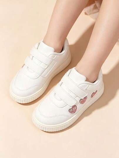 1 Pair Children Pink Heart Decor White Shoes With Hook And Loop Design, Flat Fashionable Sneakers Suitable For All Seasons