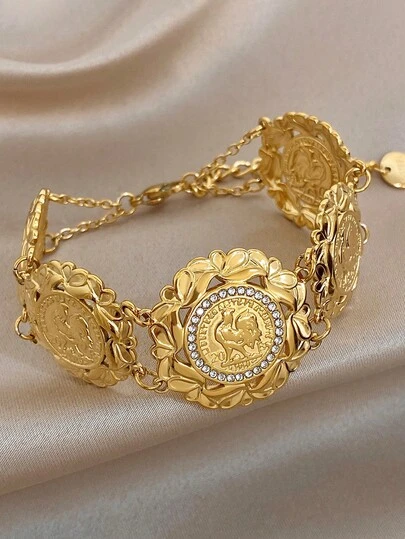 1 pieza Brazalete ajustable con borde de flor, moneda con zirconia chapada en oro, joyería de acero inoxidable, para mujeres y señoras, joyería bohemia de verano para playa, regalo para mamá, para fiestas diarias, galas, bodas, San Valentín, aniversarios, festivales de música, Navidad, citas, Día de Pascua