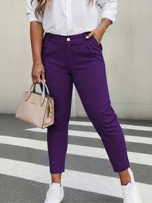 HOMEYEE Plus Size Women Casual/Business Solid Color Pants - Purple - View 10