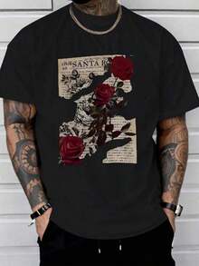 1 Piece, 100% Cotton, Printed T-Shirt With Rose Newspaper Pattern, Casual Seasonal T-Shirt, Cotton Crew Neck Short Sleeve T-Shirt, Outdoor Sports T-Shirt, Christmas And Thanksgiving Gift, Sharpening. - 黑色 - 查看 1
