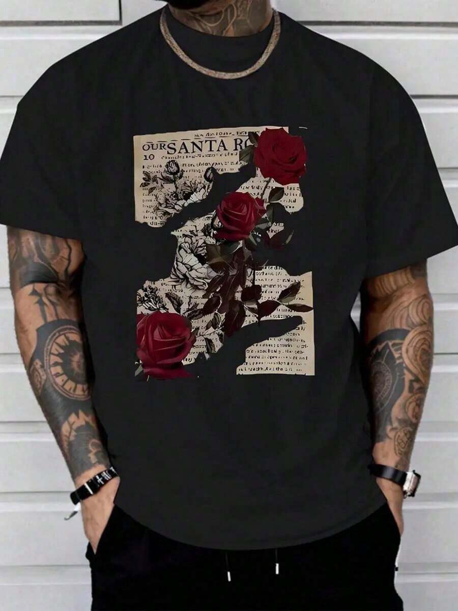 1 Piece, 100% Cotton, Printed T-Shirt With Rose Newspaper Pattern, Casual Seasonal T-Shirt, Cotton Crew Neck Short Sleeve T-Shirt, Outdoor Sports T-Shirt, Christmas And Thanksgiving Gift, Sharpening. - 黑色 - 查看 1