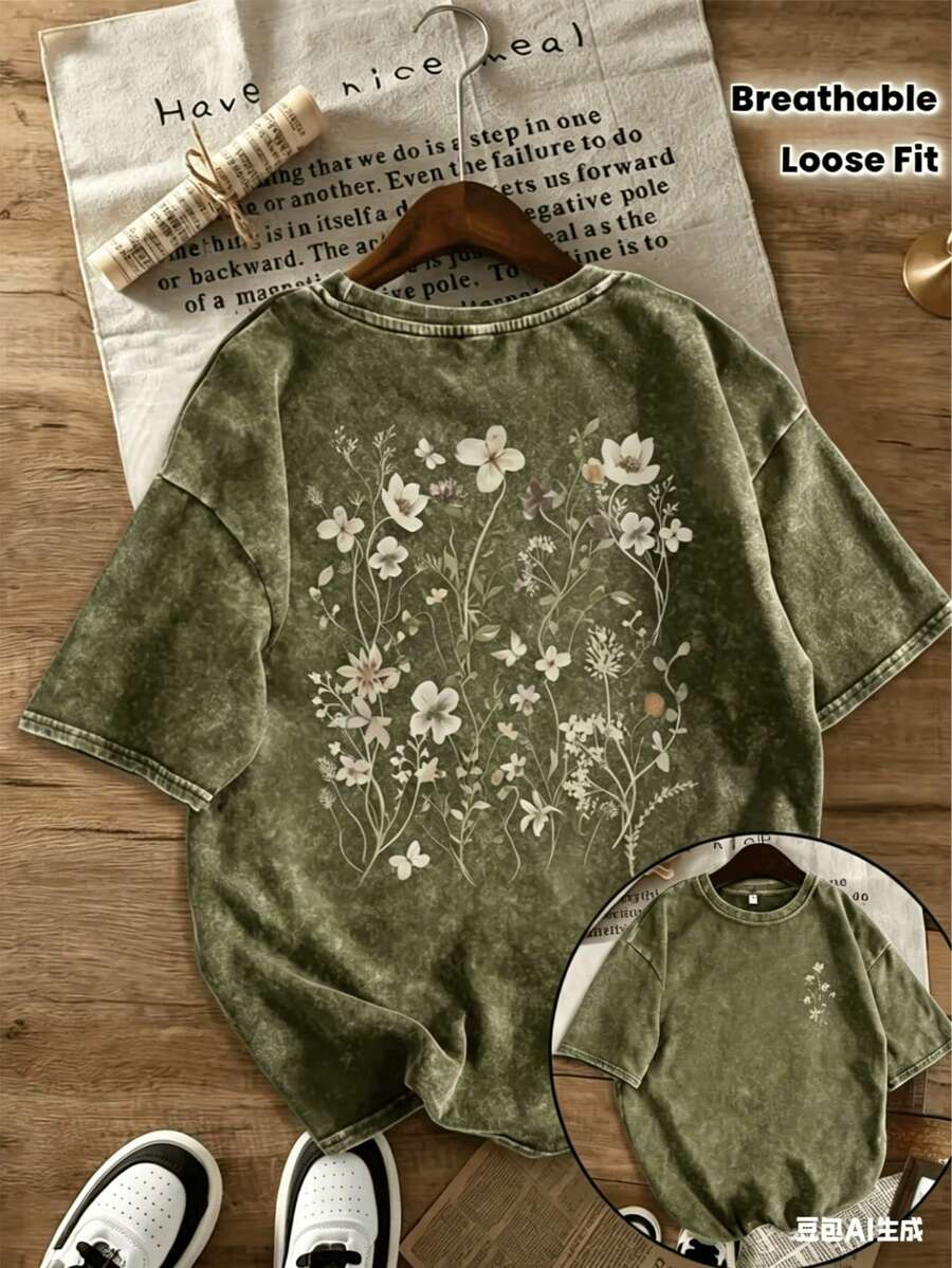 Summer Tops2026Women'S 230g Heavyweight Washed T-Shirt - Vintage Floral & Print Oversized Round Neck Short Sleeve, Y2K Retro Loose Fit Casual Everyday Top, Soft Breathable All-Season Layering Essential (Shipped From Local Warehouse)Summer Clothes Washed Cotton - 綠色 - 查看 1