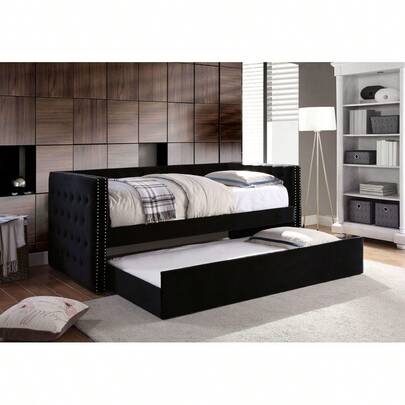Transitional Style Daybed With Trundle Padded Button Tufted Upholstery Nailhead Trim Included Slat Kit Tuxedo Design Black Finish