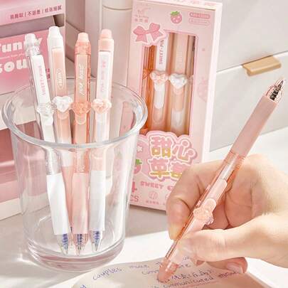 14pcs Erasable Gel Pen Set (With Comfortable Grip), 0.5mm Fine Tip, Blue Ink - Cute Macaron Theme Design With Bow And Strawberry Decor; Suitable For Study, Exam And Gift | Student Stationery | Adorable Gel Pen | Plastic Ballpoint Pen | Writing Supplies (Includes 2 Pens And 12 Refills)
