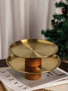 1 pieza Soporte para pastel de acero inoxidable con base de madera, plato para exhibir postres, bandeja multifuncional para frutas, adecuado para decoración de mesa de comedor, uso doméstico y de cocina, también adecuado para el Ramadán - Multicolor - Ver 6