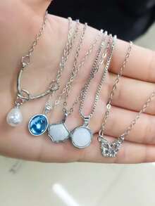 5 件月光石首饰套装 - 复古波西米亚风格，合金仿月光石吊坠，适合休闲穿着和礼物，奢华白月光石 5 件套，海蓝宝石设计项链吊坠，仿月光石简约优雅百搭颈链配饰 - 多色 - 查看 12