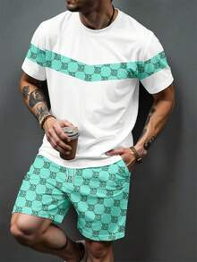 Men's Letter Print Short Sleeve T-Shirt And Shorts Set - Mint Blue - View 2
