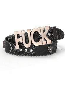 1 pieza Cinturón de cuero de unicolor para hombres con hebilla, letra y diamantes de imitación, estilo hip hop punk callejero - Hebilla con letra - Ver 8