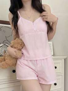 Conjunto de 2 piezas con estilo Y2K: Top corto tipo camiseta con botones a rayas rosas + Shorts, conjunto casual y lindo adecuado para el hogar, la calle y el transporte en verano - Rosa - Ver 6