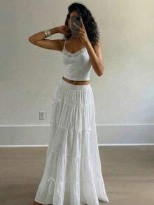 Elegant High Waist Vintage Bow Decor Loose A-Line Skirt White Spring - trắng - Xem 6
