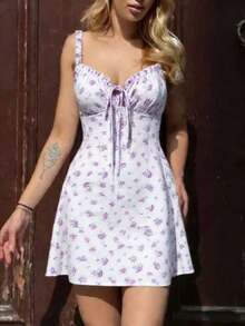 Women's Summer Floral Sexy Backless Elastic Camisole Mini Dress, Suitable For Daily Wear, Beach Vacation, And Photography Elegant - 淡紫色 - 查看 8