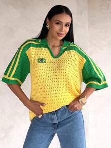 Women's Brazilian Openwork Knit Shirt With Retro Style Polo Neck - 黃綠色 - 查看 1