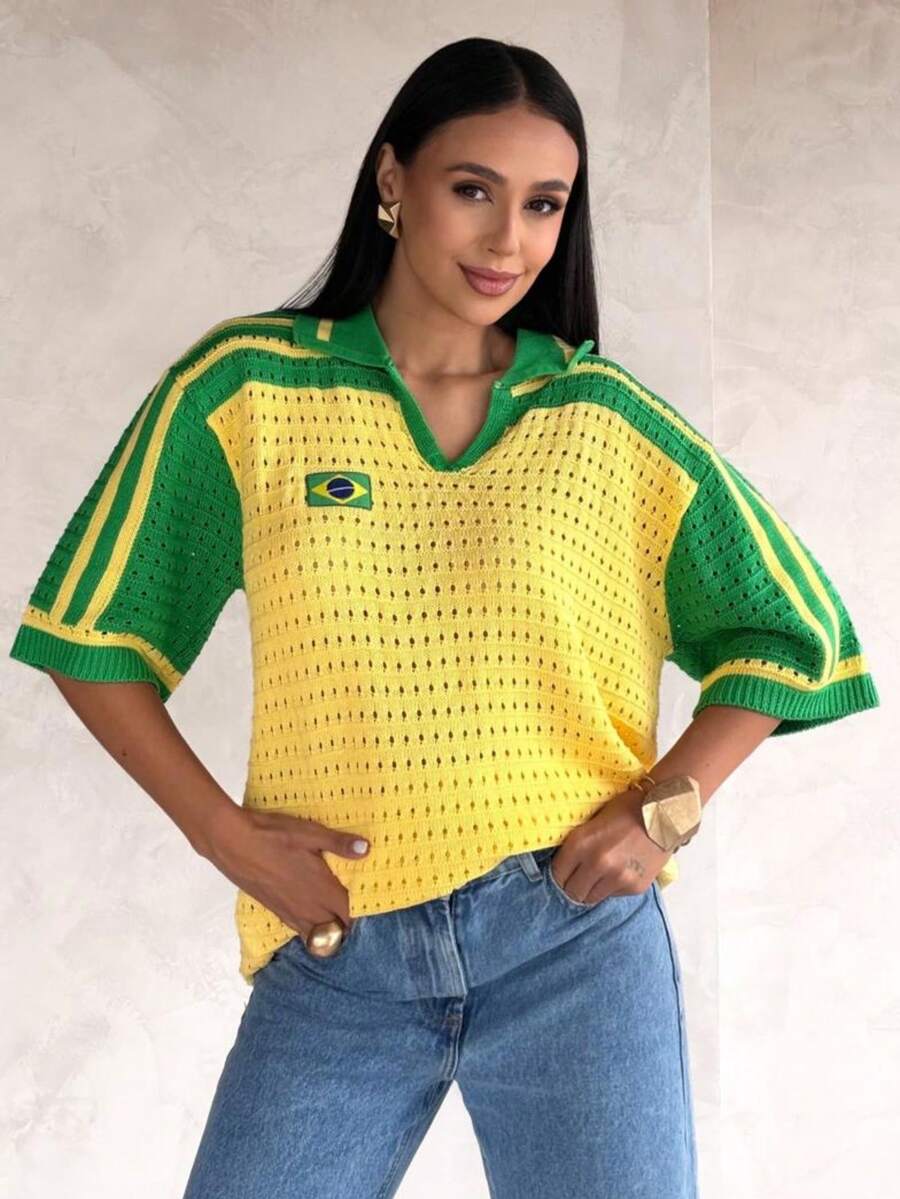 Women's Brazilian Openwork Knit Shirt With Retro Style Polo Neck - 黃綠色 - 查看 1