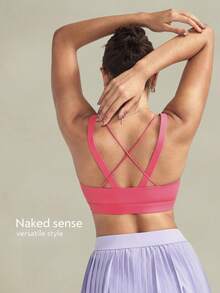 1pc Tender Angel Seamless Yoga Sports Bra, Shock-Absorbing Criss-Cross Workout Racerback Activewear Dopamine Fitness Bra For Sports & Gym - Hot Pink - View 5