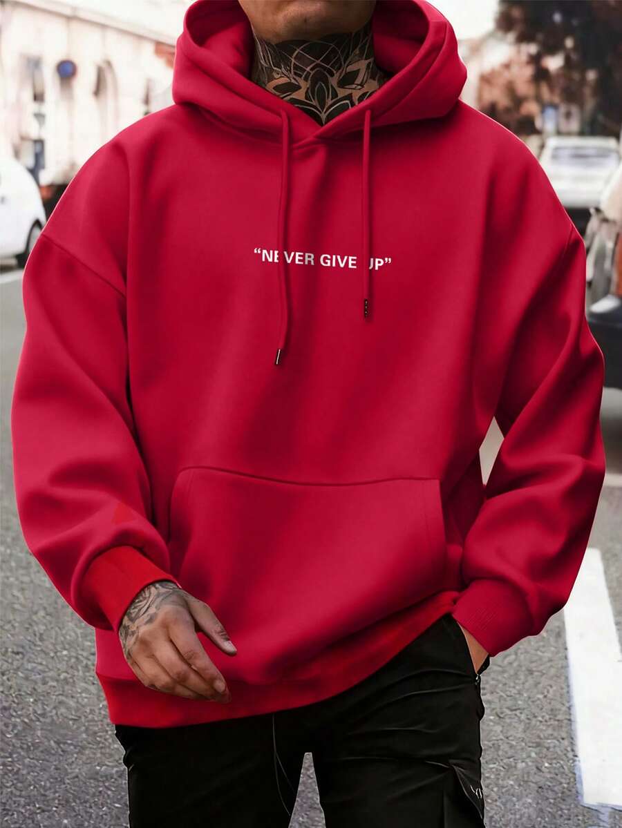 Men's Casual Fashionable Versatile Daily Commute Simple Slogan Print Kangaroo Pocket Drawstring Hoodie, Autumn/Winter - Red - View 1