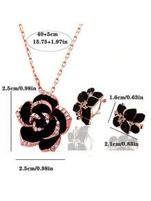 3pcs Fashionable Black Rose Shaped Earring & Necklace Set For Women Wedding Accessories, Party - 黃金 - 查看 2