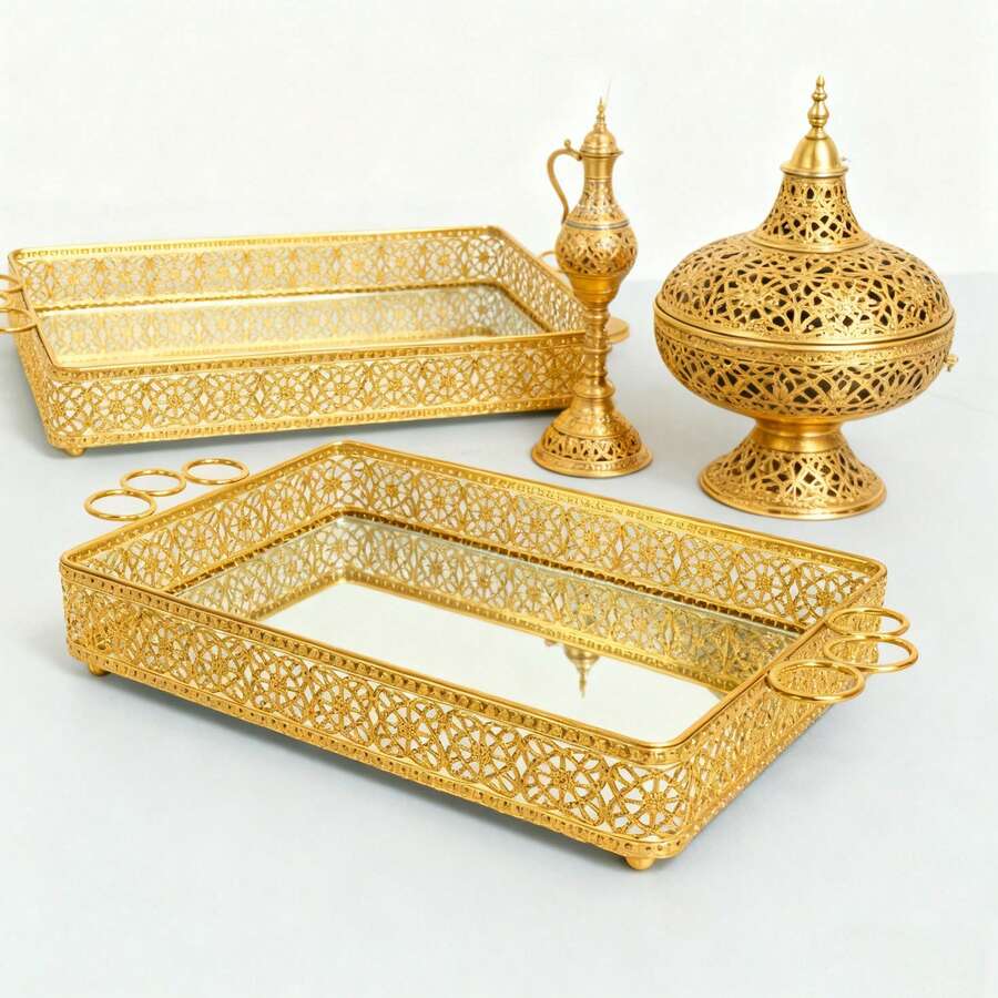 Khay để bàn cà phê sang trọng, sáng tạo, đĩa đựng trái cây bằng kính tráng gương và kim loại, khay đựng đồ ăn nhẹ, đĩa trang trí dùng trong nhà bếp, phòng ăn, phòng khách, phòng tắm, phòng ngủ, tiệc tùng, ngày lễ. - Vàng - Xem 1