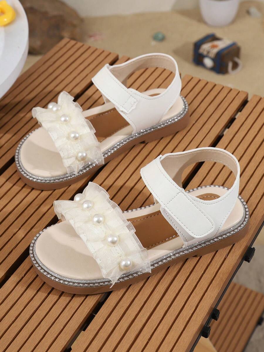 New Princess Crystal Rhinestone Sandals, Girls Flat Thick Bottom Soft Sole Toddler Shoes, Versatile & Comfortable, Suitable For Big Kids & Plus Size - White - View 1