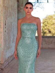Faeriesty Đầm dạ hội cúp ngực dáng đuôi cá thanh lịch dành cho nữ, được trang trí bằng sequin và ngọc trai giả, kiểu dáng sang trọng, thích hợp cho tiệc cưới. - màu xanh lá - Xem 4