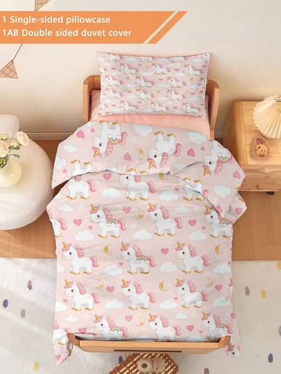 2PCS Toddler Bedding Set, Pink Unicorn Duvet Cover Set,Machine Washable, For Baby Kids Crib, Holiday Gift, (No Filling), Pillowcase 40x60cm 1 Sided Duvet Cover And 1 Single Sided Pillowcase, 100% Polyester
