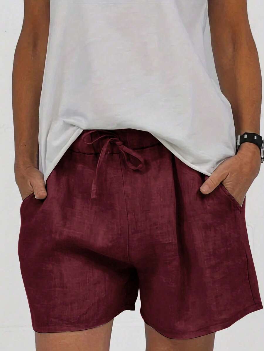 Quần short nữ chất liệu vải lanh, cạp chun, có dây rút, kiểu dáng thường ngày. - Màu Đỏ Sâu - Xem 1