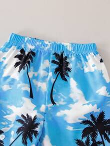 Set de 2 piezas de camisa de manga corta con estampado de árbol de coco y pantalones cortos casuales para niño, adecuado para vacaciones de verano y uso diario al aire libre - Azul - Ver 4