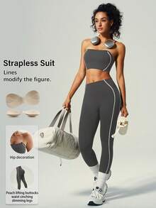 UONNOU Bộ 2 món phong cách xuân/hè cho nữ, áo bra thể thao + quần legging định hình. Đi kèm áo bra trong suốt tháo rời chống lộ, thiết kế hở lưng và vai gợi cảm. Nâng mông đào, định hình chân, thon gọn eo. Phù hợp tập gym, yoga, phối đồ thời trang, mặc thường ngày, đi làm, đi du lịch - Xám - Xem 2