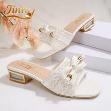 Women's White Lace Bow Slide Sandals, Square Toe Chunky Heel 3cm, Casual Slip-On Slippers For Summer, Vacation, Commute - White - View 15