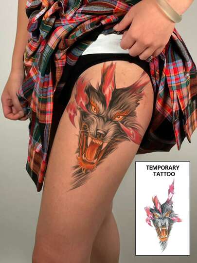 1pc Fashionable Cool Temporary Tattoo Sticker, Couple Tattoo, Black Fake Tattoo, One-Time Use Tattoo, Tiger, Flame, Animal Designs, Waterproof, Non-Reflective, Easy To Apply And Remove, Highly Realistic, Suitable For Men Or Women On Leg, Foot, Chest, Thigh, Arm, Waist, Abdomen, Music Festival Party Supplies