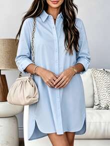 Robe chemise polyvalente pour femmes, couleur unie, à simple boutonnage, ample, avec ourlet asymétrique et poches, idéale pour le travail et les sorties, printemps - Bleu azur - Voir 5