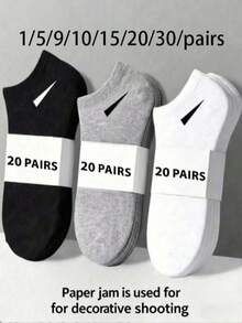20双男女通用运动袜，白/黑/灰三色可选，舒适透气吸湿短筒袜，经典简约百搭休闲情侣踝袜 - 黑與白 - 查看 4
