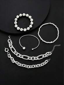 5pcs/Set Vintage Exaggerated Minimalist Ancient Coin Design Multi-Layer Chunky Chain Beaded Bracelet Set, Elegant Casual Style, Suitable For Dates, Vacations, Daily Wear, Parties, Holidays, Gifts For Women - Silver - View 5