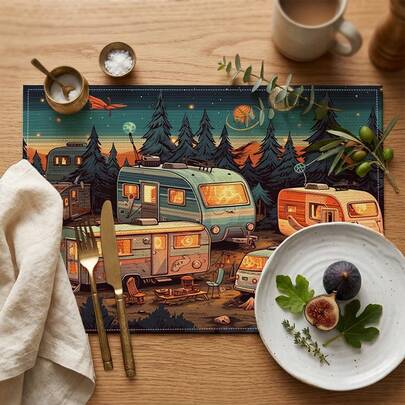 2/4/6/8pcs Camping RV Printed Rectangular Placemats, Suitable For Home, Restaurant, Holiday Celebration, Banquet Table Decor