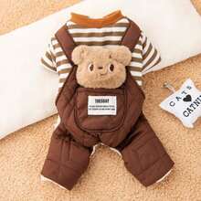 1 chiếc quần yếm giữ ấm mùa thu/đông có lớp lót, họa tiết sọc, quần áo cho thú cưng, áo khoác dày mềm mại cho chó, trang phục cho chó con Teddy/Panda, giữ ấm suốt mùa đông. - màu nâu - Xem 18