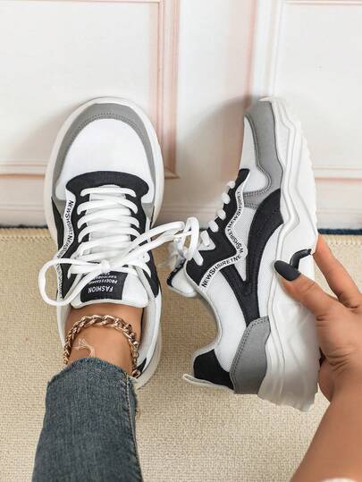 Black, White & Gray Patchwork Casual Sneakers For Women, Retro Versatile Breathable Sports Shoes, Soft Sole Flattering Student/Commuter Shoes