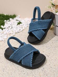 Kids' Denim Style Flat Sandals With Criss-Cross Strap And Colorful Ball Decor - Navy Blue - View 4