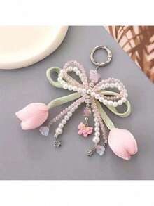 Elegant Tulip Keychain – Soft Pink, Mint Green, Lavender & White With Beads & Flower Charms, Durable Key Ring For Car, Keys, Bags, Perfect Birthday Gift & Portable Accessory KWWP 5SLS - 淺綠色 - 查看 4