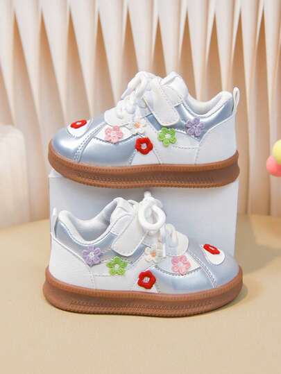 1 Pair Girls Flower Embroidery Decor Sneakers, Soft Bottom Student Casual Shoes, Running Shoes, Infant Shoes, Soft Bottom Toddler Shoes, Lightweight & Comfortable, Suitable For All Seasons