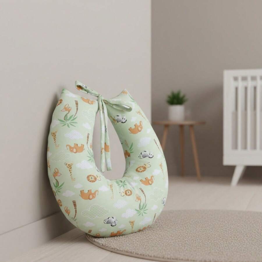 Nursing Pillow Cover, Refillable Model, Printed Fabric, Central Zipper - Green - View 1