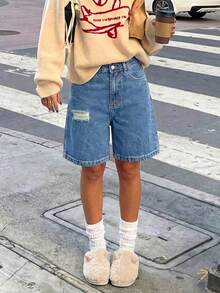 Quần short denim ống rộng dáng suông dài đến đầu gối, thích hợp cho kỳ nghỉ, bãi biển, lễ hội nhạc đồng quê. - Rửa nhẹ - Xem 4