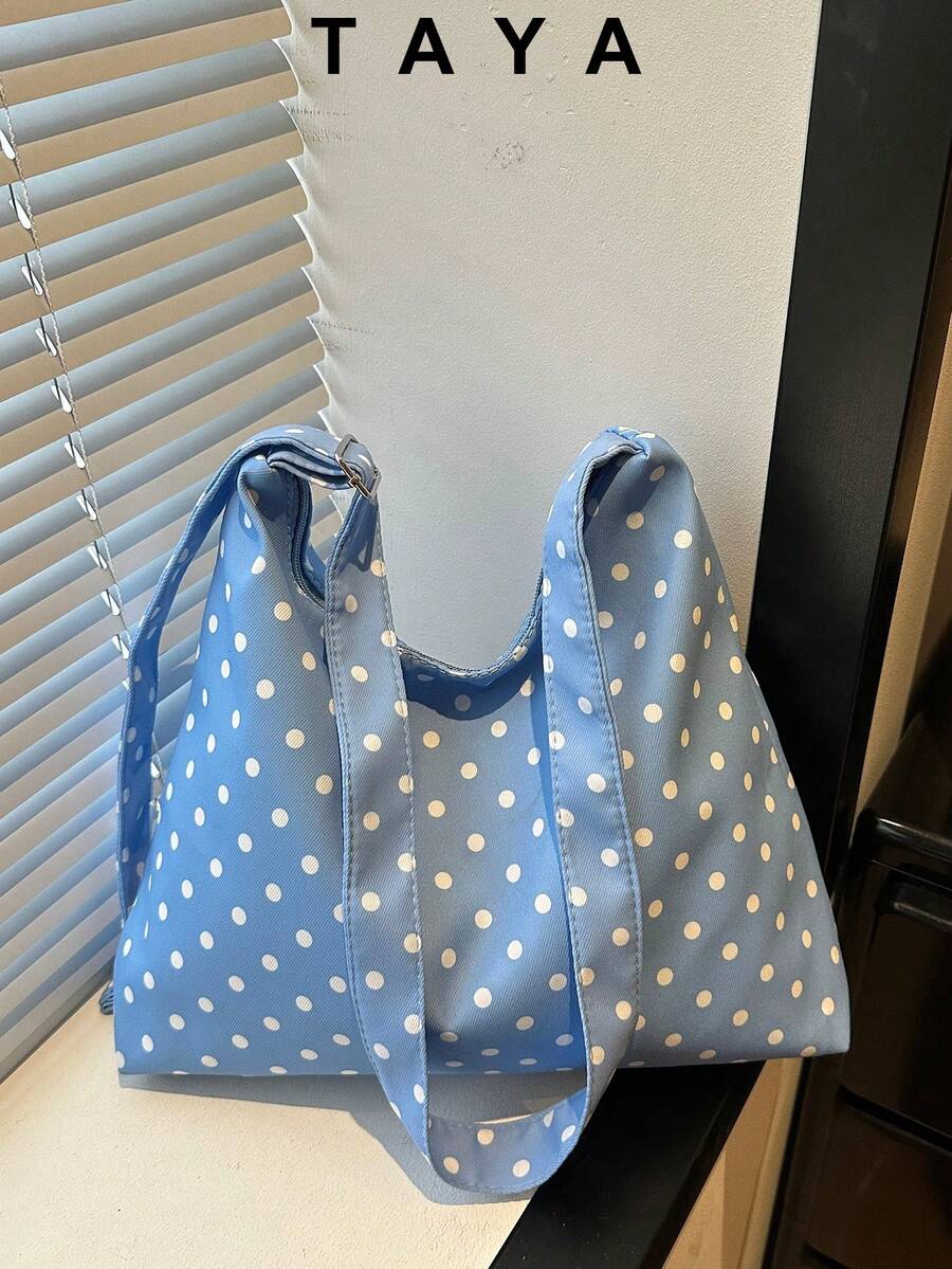 Tas Bahu Kanvas Minimalis Motif Polkadot, Koleksi Terbaru Musim Semi/Panas, Desain Terbuka, Dua Tali, Tas Selempang Kasual Ringan Kapasitas Besar, Cocok untuk Penggunaan Sehari-hari, Perjalanan, dan Pelajar Wanita