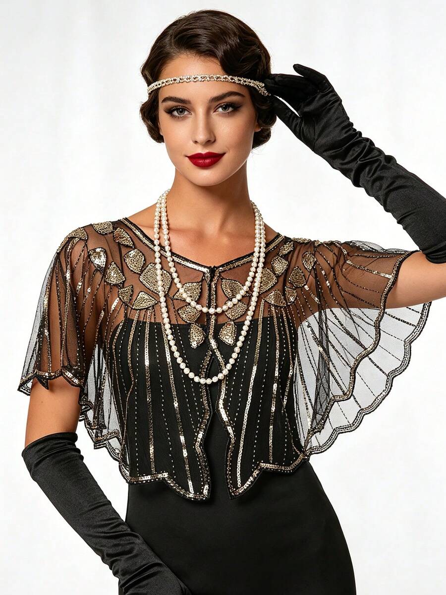 1 pieza Chal vintage elegante de los años 20 con lentejuelas, capa con bordado de encaje, chaqueta formal corta con lentejuelas y cuentas, chaleco de estilo callejero, capa brillante para discoteca, accesorio formal y transpirable de fiesta para mujer con abertura delantera - Multicolor - Ver 1