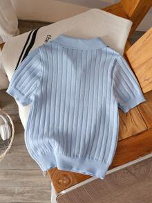 Boys' Solid Color Cable Knit Short Sleeve Half Zip Lightweight Sweater, Suitable For School, Daily Wear In Spring, Summer And Autumn - Blue - View 3