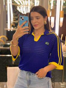 Women's Brazilian Openwork Knit Shirt With Retro Style Polo Neck - 藍色 - 查看 2