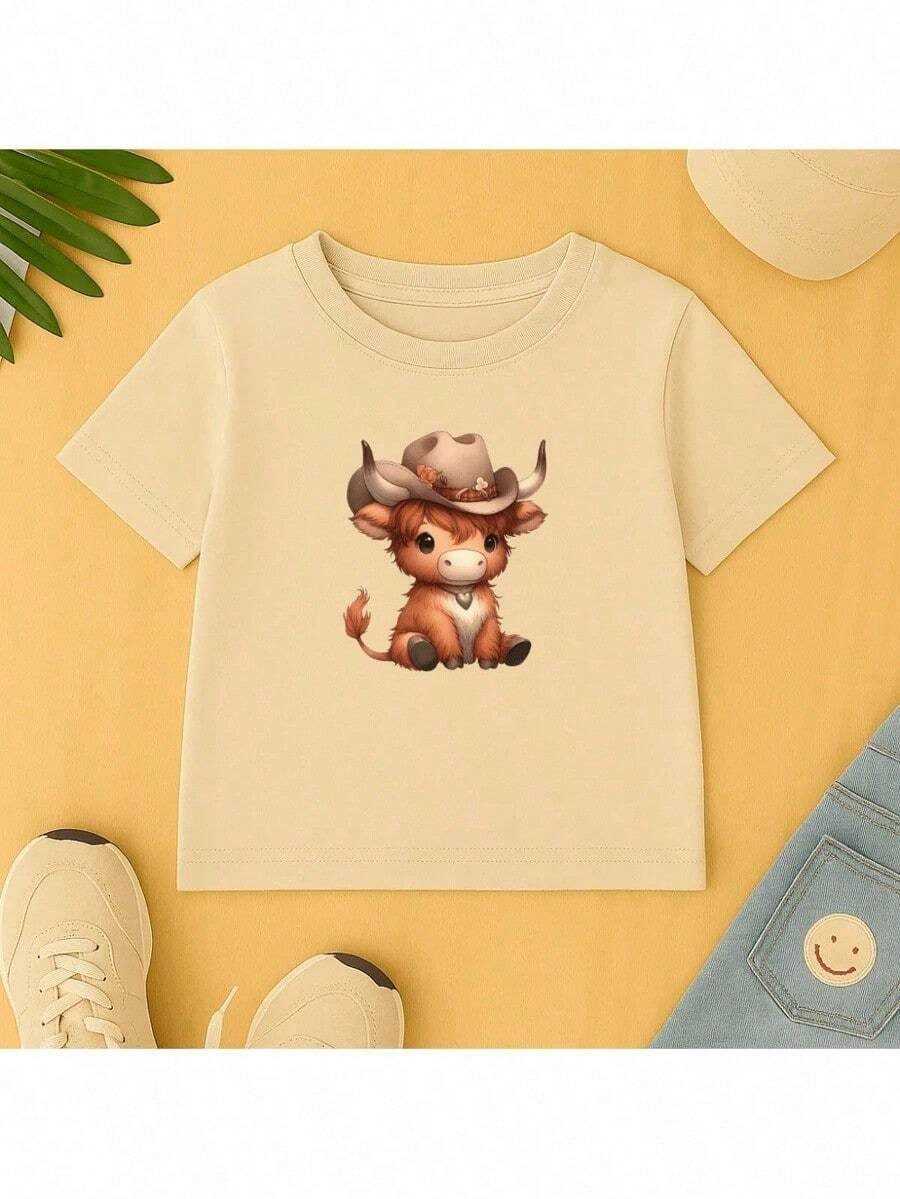 Camiseta Algodão Infantil Estampada Touro Chapéu Blusa de Criança Country Delicada Tecido Premium Confortável|Festa Junina - Bege - Visão 1
